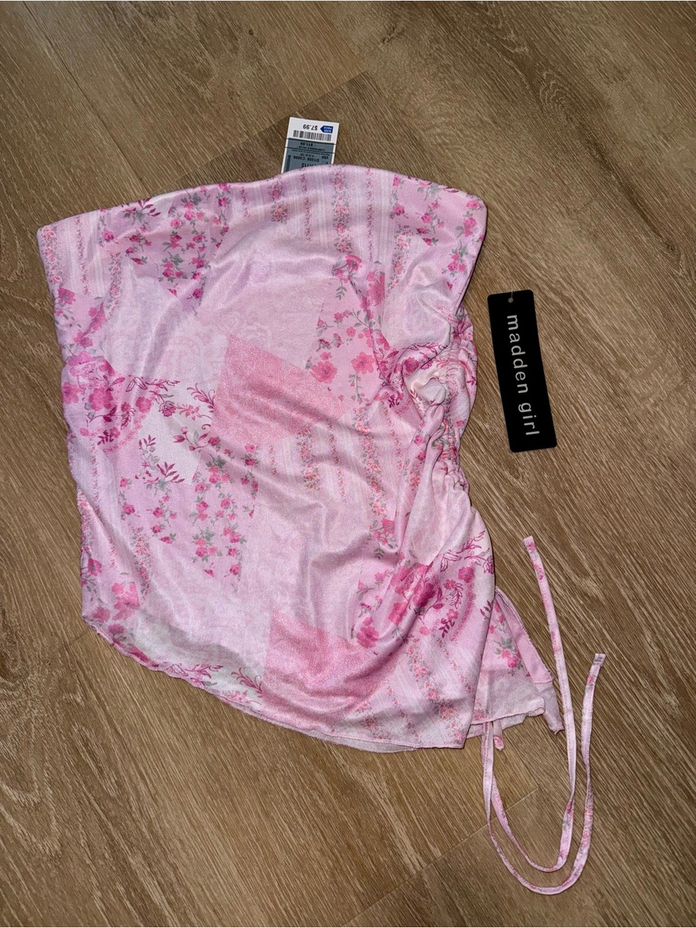 Madden Girl Pink Floral Satin Lace-Up Tube Top